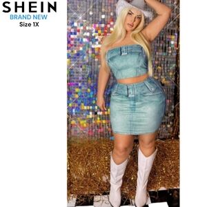 Shein SXY Denim-Effect Print Tube Top & Bodycon Skirt BNWOT